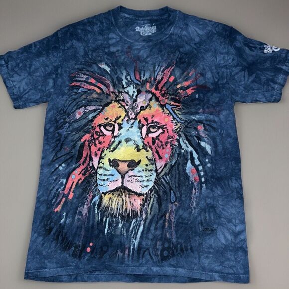 VTG 90s Rainforest Cafe Lion Tie Dye T Shirt ‎ Blue Graphic Lion The Mountains - Picture 1 of 5